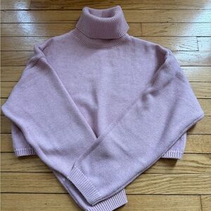 Mango Soft Cotton Cropped Pink Turtleneck Sweater